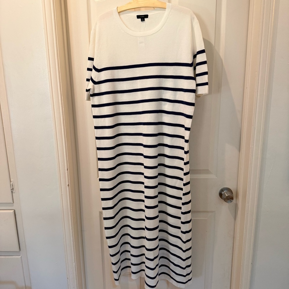 J. Crew White and Navy Striped Knit Midi Dress